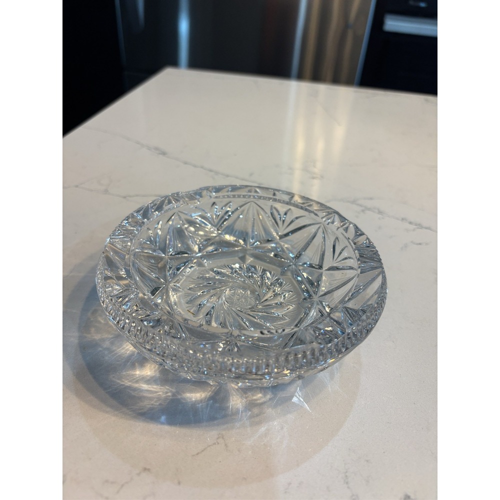 Heavy Cut Lead Crystal Ashtray Starburst Pattern Round Glass Bowl